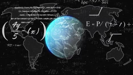 Animation-of-data-processing-over-globe-and-world-map-on-black-background