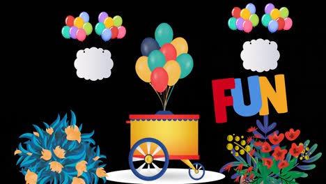 Animation-Von-Lustigem-Text-über-Bunten-Luftballons-Und-Gegenständen-Auf-Schwarzem-Hintergrund