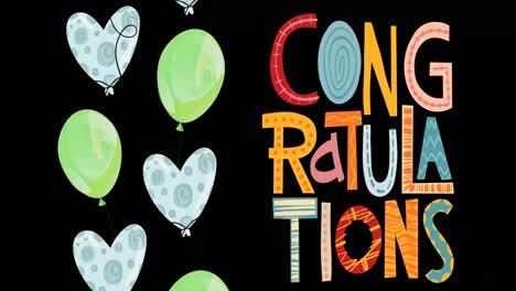 Animation-of-congratulations-text-over-green-balloons-on-black-background