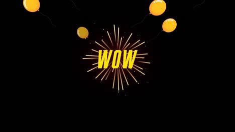 Animation-of-wow-text-over-yellow-balloons-on-black-background