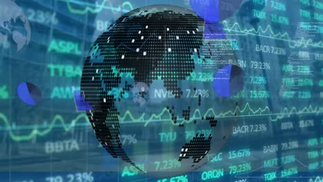 Animation-of-stock-market-data-processing-over-spinning-globe-against-city-street