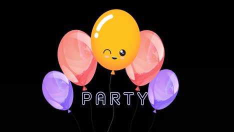 Animation-Von-Partytext-über-Bunten-Luftballons-Auf-Schwarzem-Hintergrund