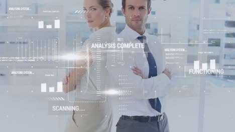 Animation-of-data-processing-over-caucasian-businessman-and-businesswoman-standing-at-office