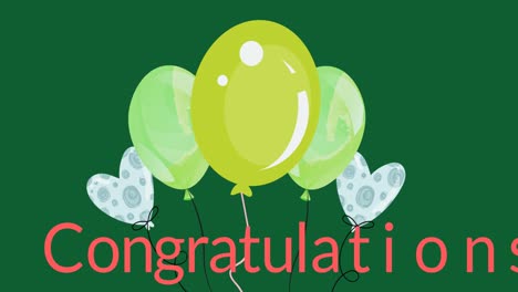 Animation-of-congratulations-text-over-colorful-balloons-on-green-background