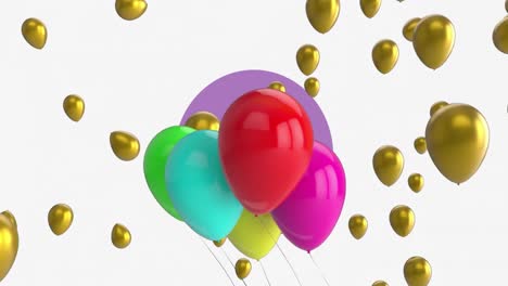 Animation-of-multicolored-balloons-over-moving-golden-balloons-and-purple-circle-on-white-background