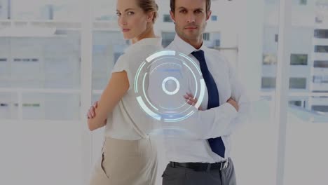 Animation-of-round-scanner-over-caucasian-businessman-and-businesswoman-standing-against-each-other