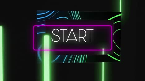 Animation-of-start-text-in-rectangle-with-abstract-pattern-and-glowing-bars-against-black-background