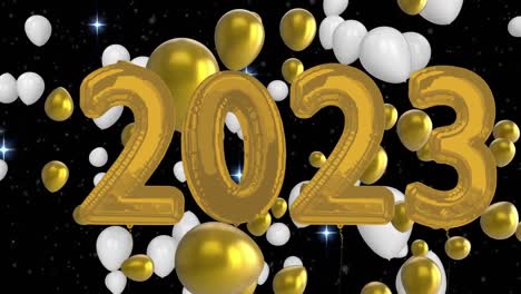 Animation-of-2023-text-over-stars-and-balloons-on-black-background