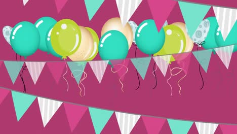 Animation-of-colorful-flags-over-balloons-on-purple-background