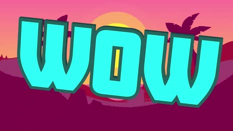 Animation-of-wow-text-banner-against-landscape-with-mountains,-palm-trees-and-sunset-sky