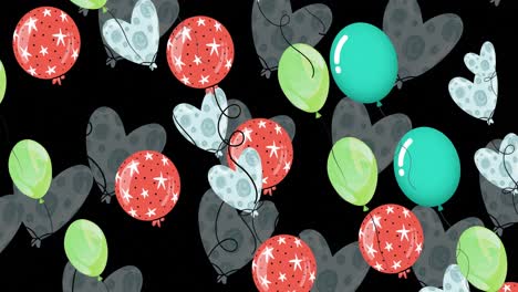 Animation-Mehrerer-Bunter-Luftballons-Auf-Schwarzem-Hintergrund