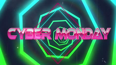 Animation-Von-Cyber-Monday-Text-über-Neonformen-Auf-Schwarzem-Hintergrund
