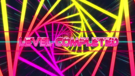 Animation-of-level-completed-text-over-neon-shapes-on-black-background