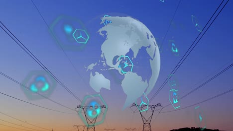 Animation-of-multiple-digital-icons-over-spinning-globe-against-network-towers-and-sunset-sky