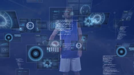 Animation-Der-Datenverarbeitung-über-Einem-Männlichen-Basketballspieler