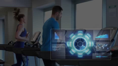 Animation-of-data-processing-over-people-running-on-treadmill,-exercising-in-gym