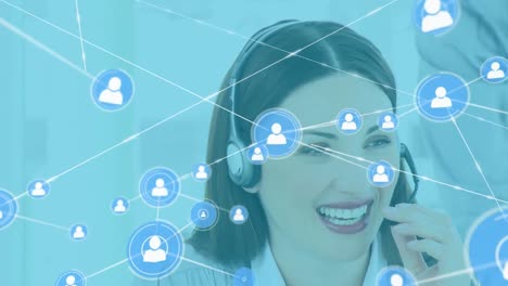 Animation-of-network-of-connections-with-icons-over-biracial-businesswoman-using-phone-headset