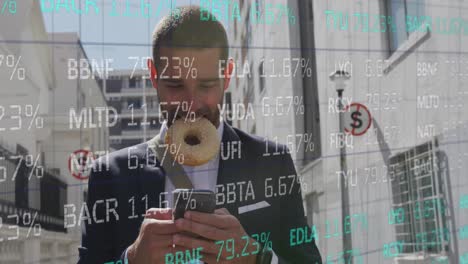 Animation-of-trading-board-over-caucasian-man-with-donut-in-mouth-using-smartphone-in-city