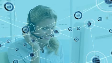 Animation-of-network-of-connections-with-icons-over-caucasian-businesswoman-using-phone-headphones