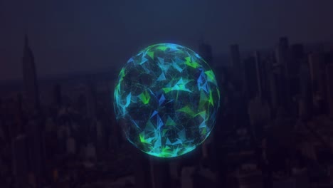 Animation-of-globe-of-plexus-networks-spinning-against-aerial-view-of-cityscape