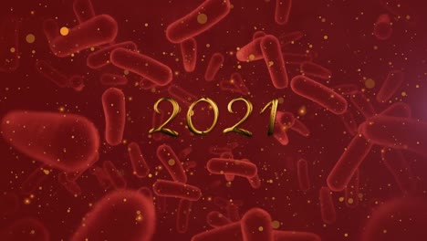 Animation-Von-2021-Und-Viruszellen-Auf-Rotem-Hintergrund