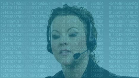 Animation-of-data-processing-over-caucasian-woman-using-phone-headset-working-in-call-center