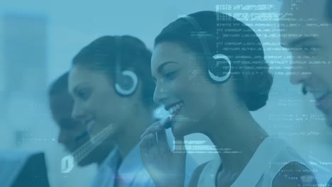 Animation-of-data-processing-over-diverse-people-using-phone-headsets-working-in-call-center