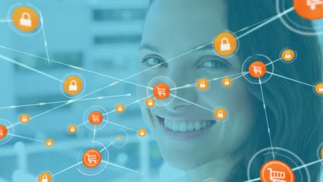 Animation-of-network-of-connections-with-icons-over-caucasian-businesswoman-smiling