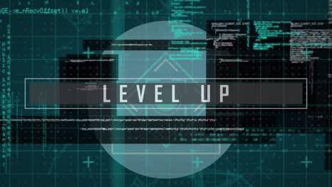 Animation-of-level-up-text,-data-processing-over-grid