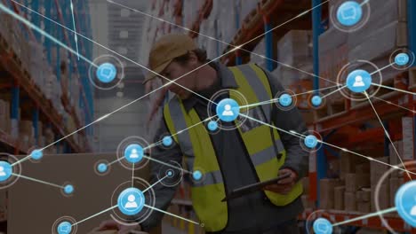 Animation-of-icons-connecting-with-lines,-caucasian-foreman-with-tablet-examining-box-in-warehouse