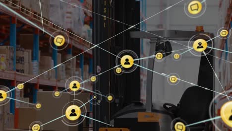 Animation-of-profile-icons-connected-with-lines-over-forklift-with-cardboard-boxes-in-warehouse