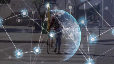 Animation-of-network-of-connections-over-globe-and-man-with-bike-in-city