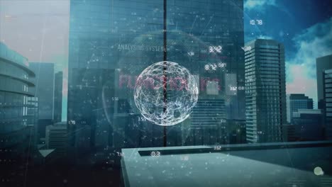 Animation-of-globe-of-connections-and-data-processing-over-cityscape