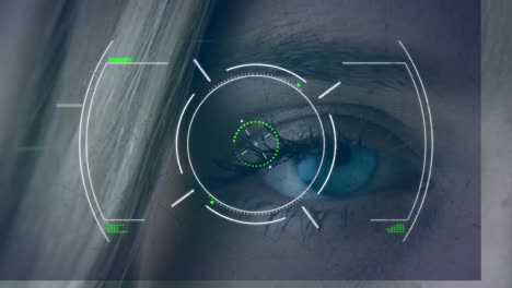 Animation-of-scope-scanning-and-data-processing-over-woman's-blue-eye
