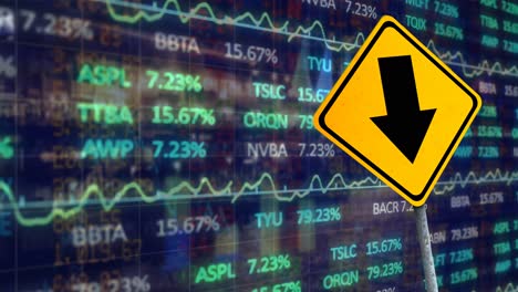 Animation-of-financial-data-processing-and-yellow-road-sign-with-arrow