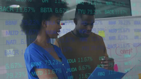 Animation-of-stock-market-data-processing-over-diverse-man-and-woman-discussing-at-office