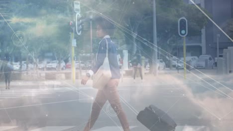 Animation-of-network-of-connections-over-woman-with-suitcase-in-city