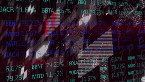 Animation-of-stock-market-data-processing-over-world-map-against-black-background