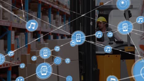 Animation-of-connected-phone-and-music-icons,-caucasian-man-carrying-boxes-on-forklift-in-warehouse