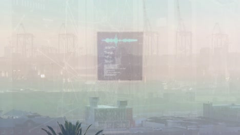 Animation-Mehrerer-Bildschirme-Mit-Datenverarbeitung-über-Einer-Luftaufnahme-Der-Stadtlandschaft