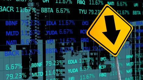 Animation-of-financial-data-processing-and-yellow-road-sign-with-arrow