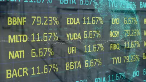 Animation-of-stock-market-data-processing-over-globe-against-grey-background