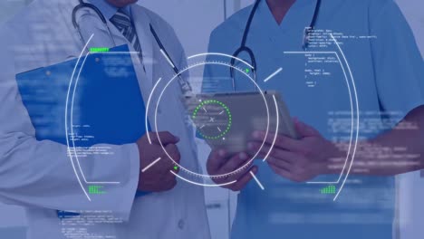 Animation-of-data-processing-and-scope-scanning-over-diverse-doctors-at-hospital