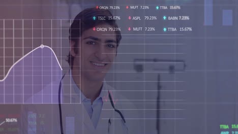 Animation-of-stock-market-data-processing-over-biracial-male-doctor-writing-on-clipboard-at-hospital