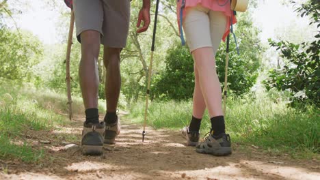 Low-section-of-diverse-couple-hiking-with-backpacks-in-park,-slow-motion