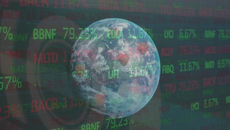 Animation-Der-Finanzdatenverarbeitung-Mit-Globus--Und-Herzsymbolen-Auf-Grünem-Hintergrund