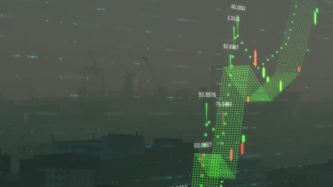 Animation-Der-Finanzdatenverarbeitung-Vor-Dem-Hintergrund-Einer-Luftaufnahme-Des-Stadtbildes