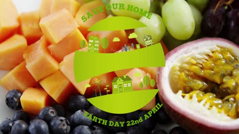 Animation-of-earth-day-text-banner-against-close-up-of-variety-of-fruits