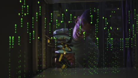 Animation-of-binary-coding-over-african-american-male-it-engineer-and-computer-servers