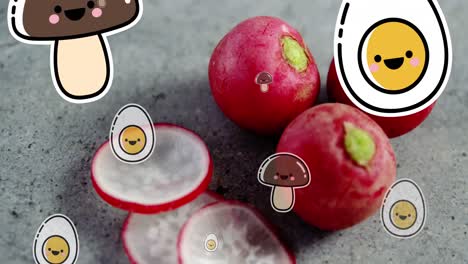 Video-Von-Happy-Food-Symbolen,-Die-über-Rettich-Fallen